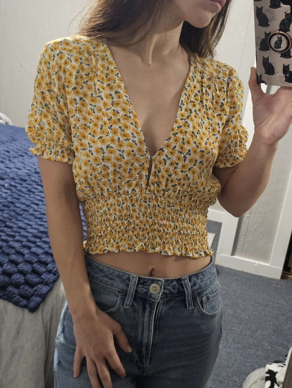 Yellow Floral Smocked V-Neck Crop Top